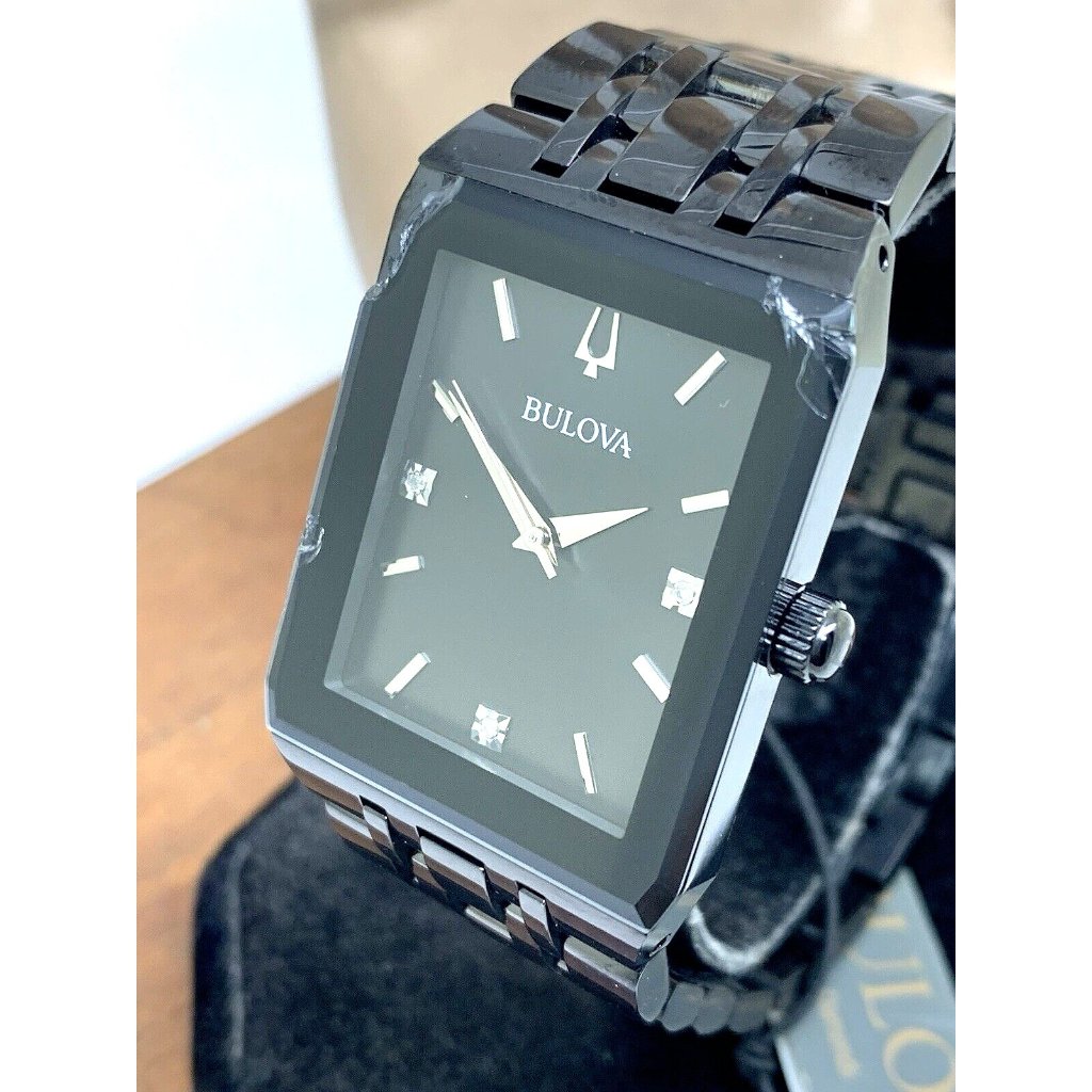 Bulova Mens Watch 98d164 Quartz Diamond Black Dial Steel Quartz Chipped Crystal